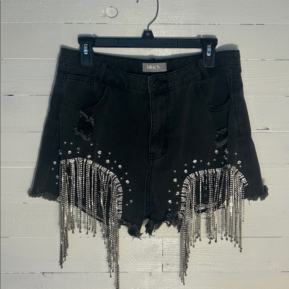 Blue B faded black rhinestone and pearl denim shorts. Womens size Large. - Picture 2 of 10